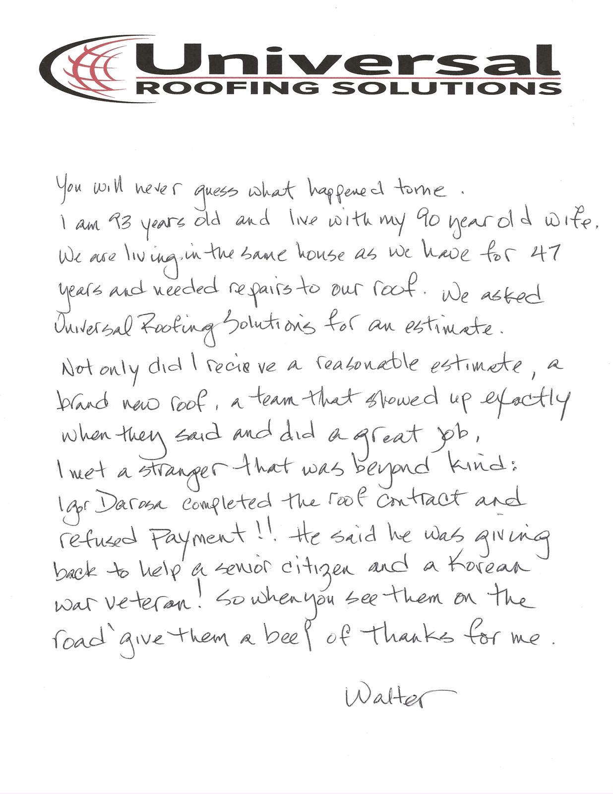 Handwritten letter from Walter thanking Universal Roofing Solutions